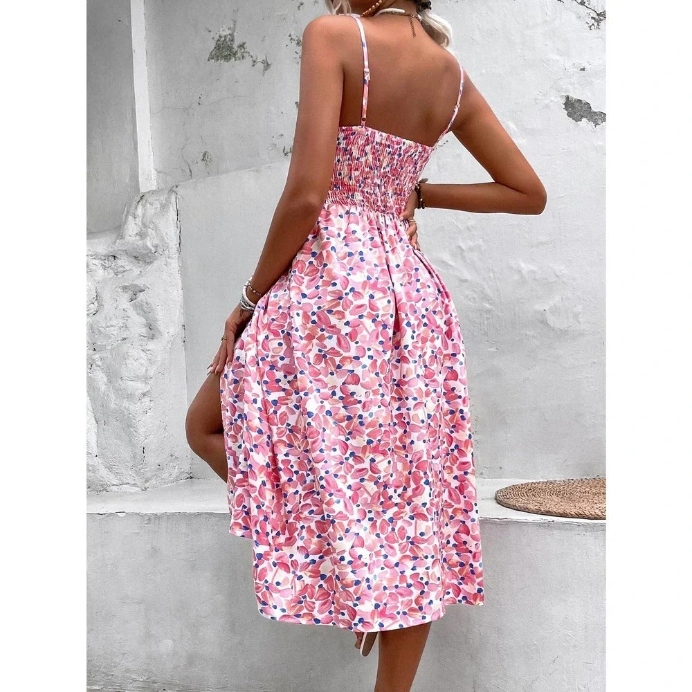 Boho Floral Print Split Thigh Shirred Cami Strap Midi Dress pink - Picture 3 of 6